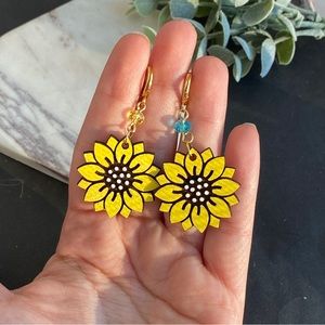Sunflower Earrings Gold Hoops Dangle crystal